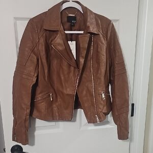 a.n.a Brown Leather Jacket with Zipper Details